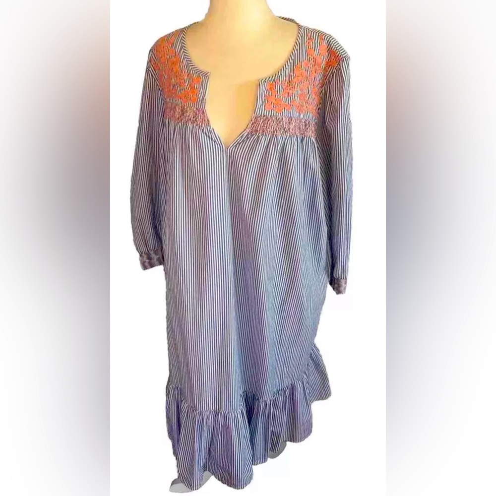 J. Crew Blue White Blue Pinstripe Dress Embroidered Trim Ruffed Hem Pockets Sm